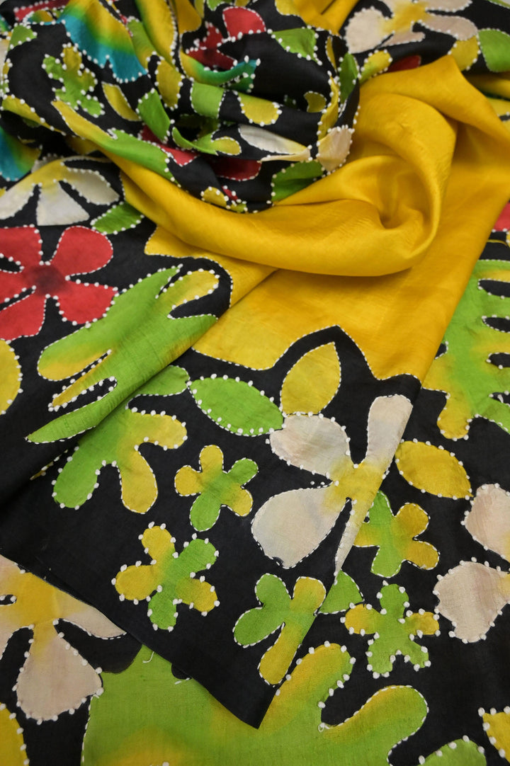 Yellow and Black Color Pure Bishnupur Katan Silk with Hand Paint and Knot Stitch