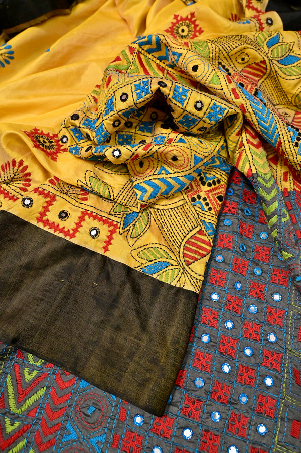Yellow and Black Color Pure Garad Silk Saree with Satin Border and Hand Lambani Embroidery