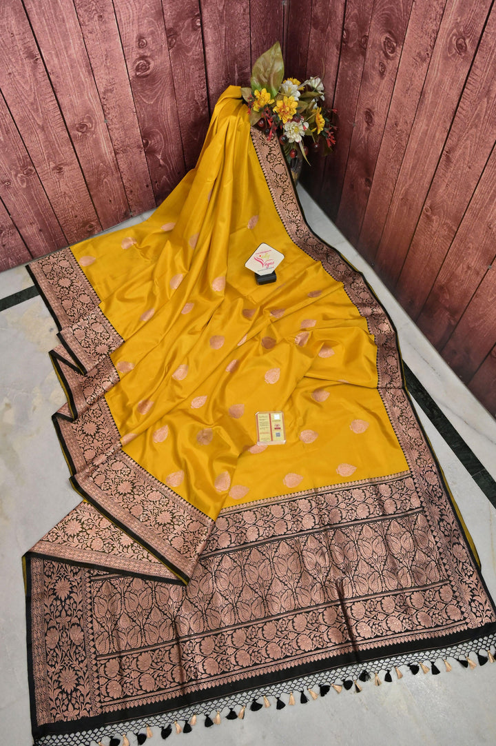 Yellow and Black Pure Katan Banarasi with Golden Butta