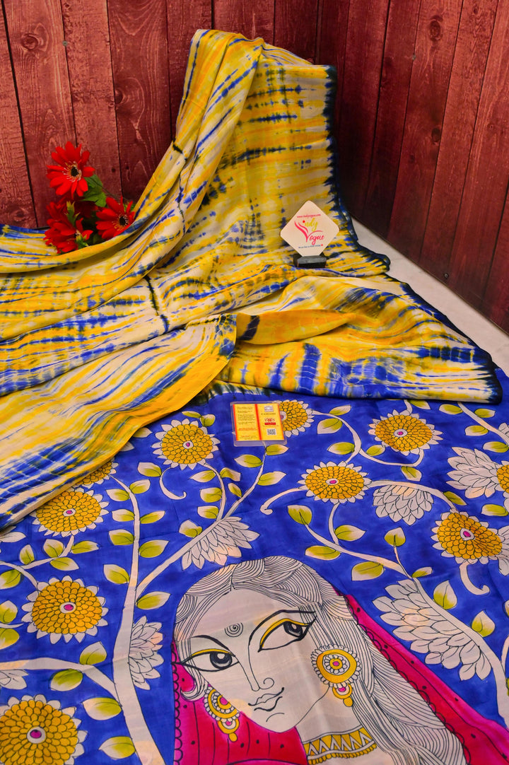 Yellow and Indigo Blue Color Pure Bishnupur Katan Silk with Hand Kalamkari & Hand Shibori Dye