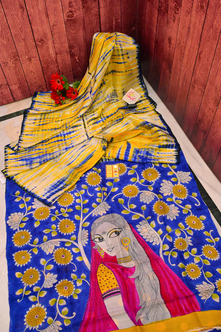 Yellow and Indigo Blue Color Pure Bishnupur Katan Silk with Hand Kalamkari & Hand Shibori Dye