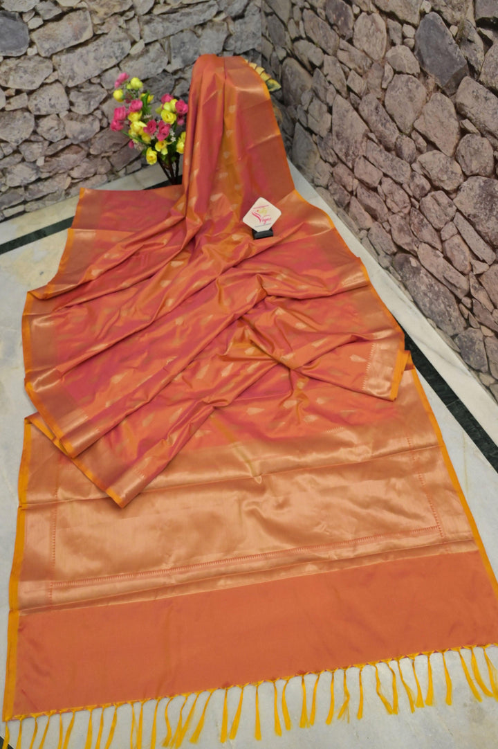 Yellow and Magenta Color Chanderi Silk Banarasi Saree with Zari Buti Work