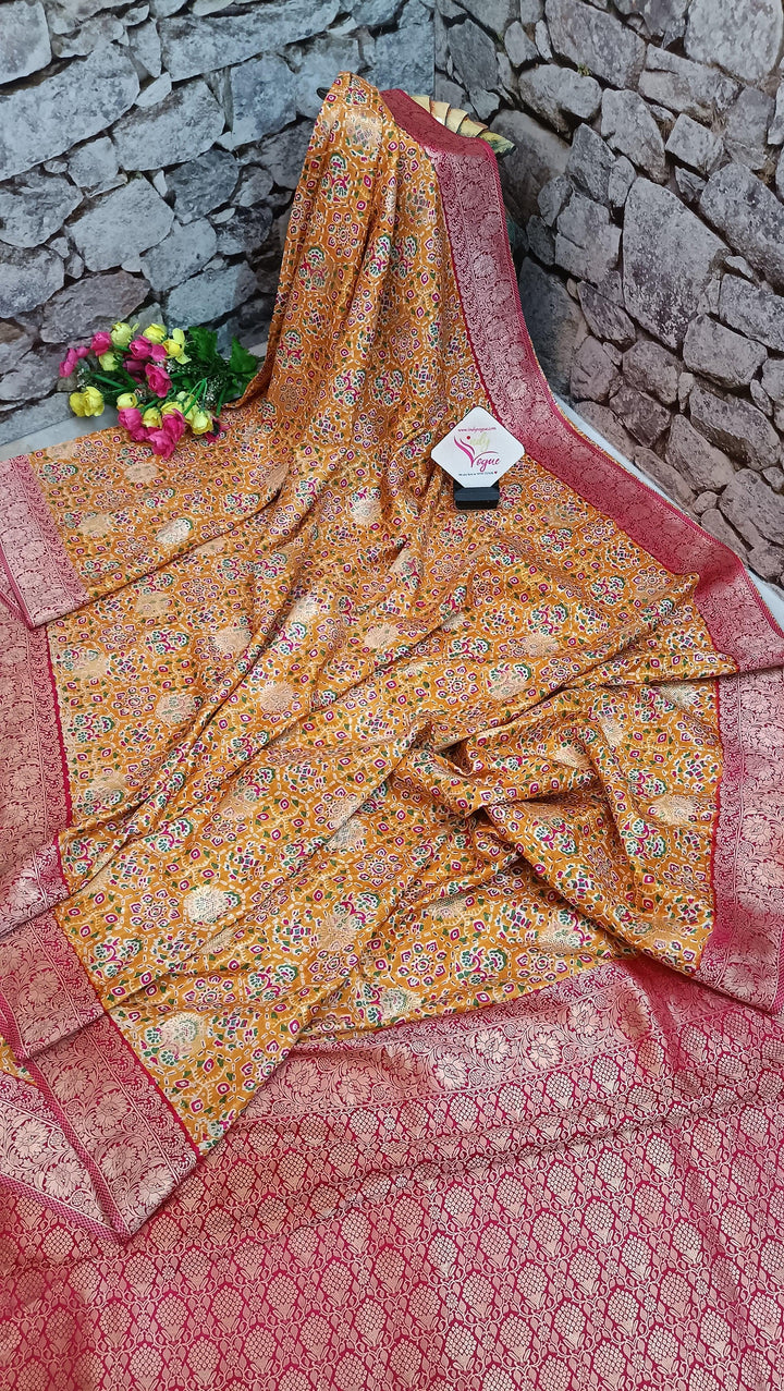 Yellow and Magenta Color Muga Silk with Ikkat Print