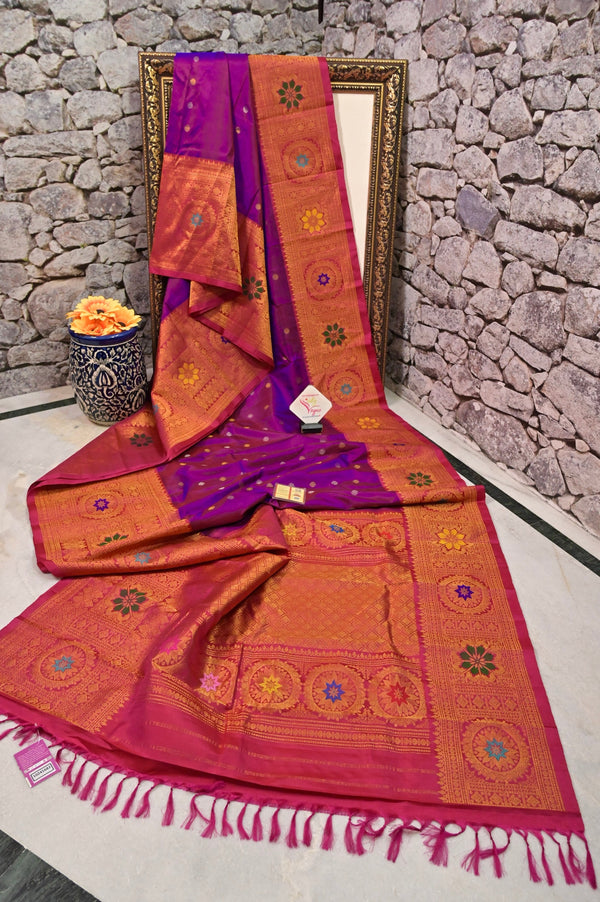 Yellow and Magenta Dual Tone Color Pure Gadwal Silk Saree with Skirt Border with Meenakari Work