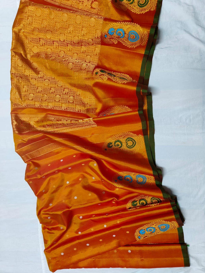 Yellow and Magenta Dual Tone Color Pure Gadwal with Meenakari Border