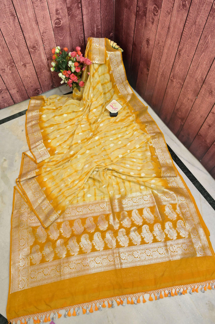 Yellow and Offwhite Color Georgette Saree with Shibori Dye Work and Silver Butta