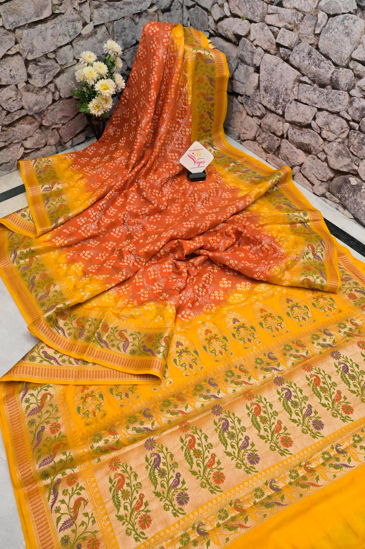 Yellow and Red Color Dupion Banarasi Saree with Hand Bandhani and Paithani Design