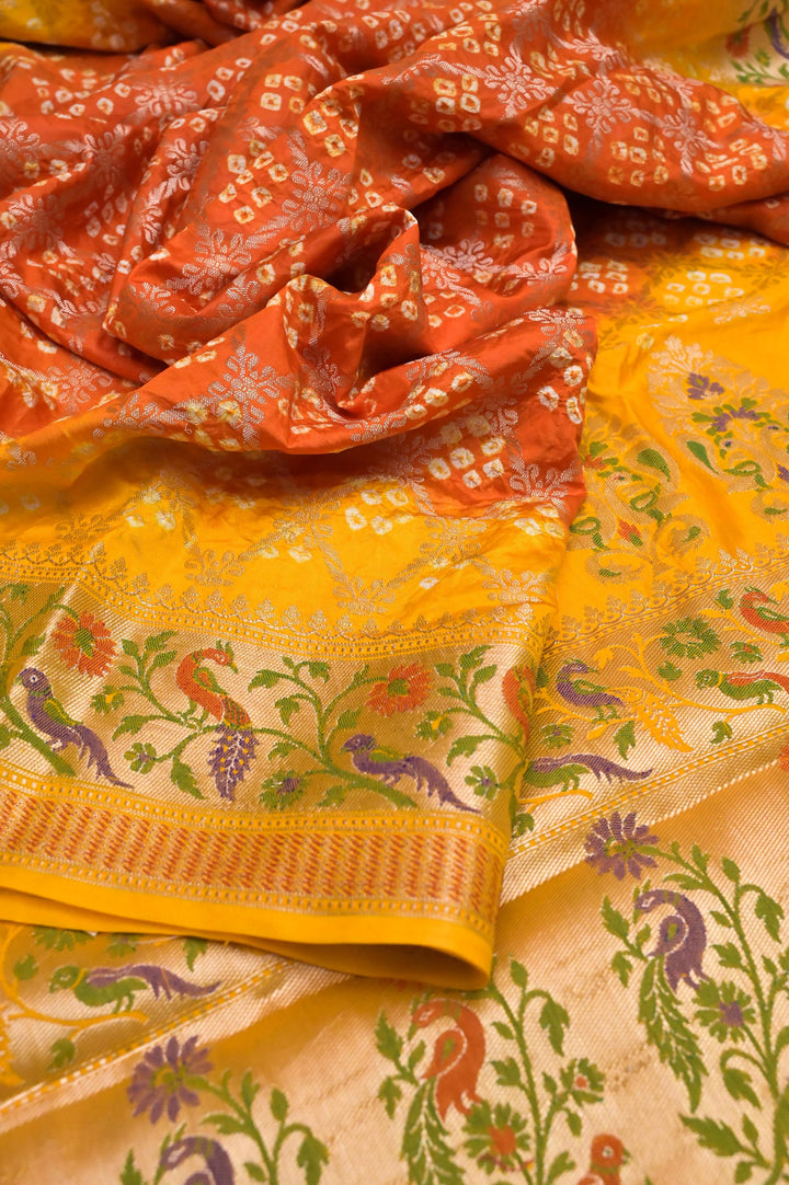 Yellow and Red Color Dupion Banarasi Saree with Hand Bandhani and Paithani Design