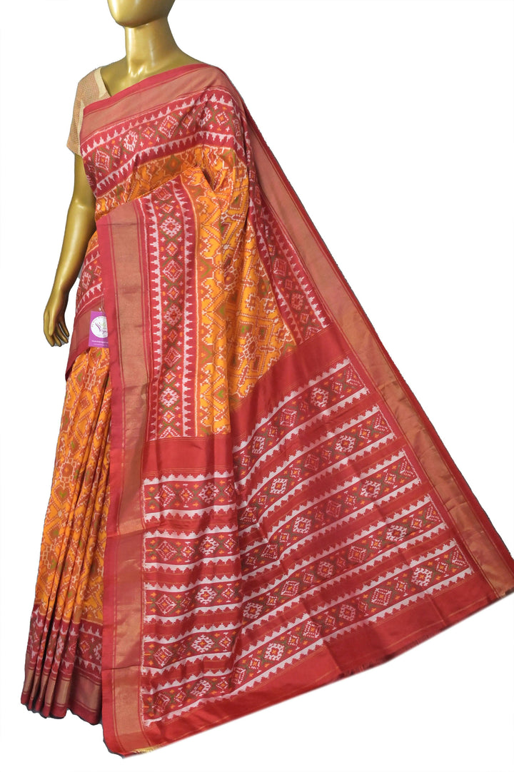 Yellow and Red Color Pure Ikat Silk Saree with Broad Border