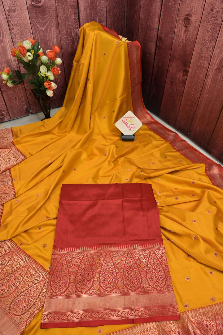 Yellow and Red Color Pure Katan Banarasi Saree with Meenakari Butta Work