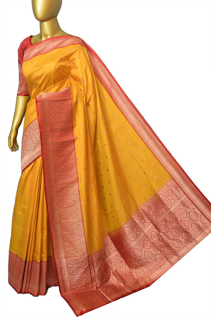 Yellow and Red Color Pure Katan Banarasi Saree with Meenakari Butta Work