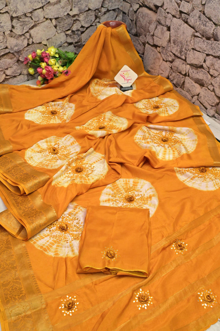 Yellow Color Chinon Silk Banarasi Saree with Shibori Dye and Hand Mirror Work