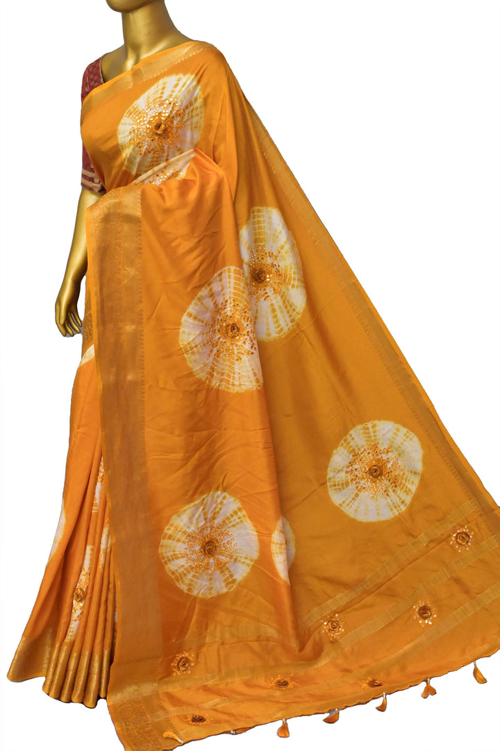 Yellow Color Chinon Silk Banarasi Saree with Shibori Dye and Hand Mirror Work