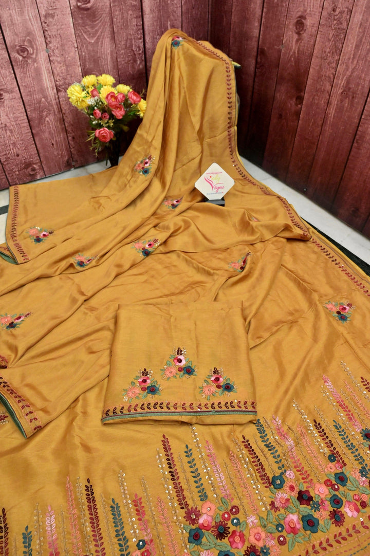 Yellow Color Chinon Silk Banarasi with Hand Parsi & Bullion Embroidery with Sequins