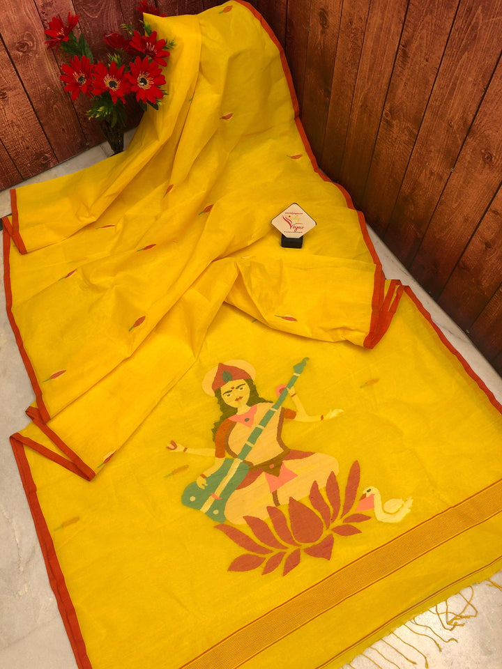Yellow Color Cotton Handloom Jamdani Saree