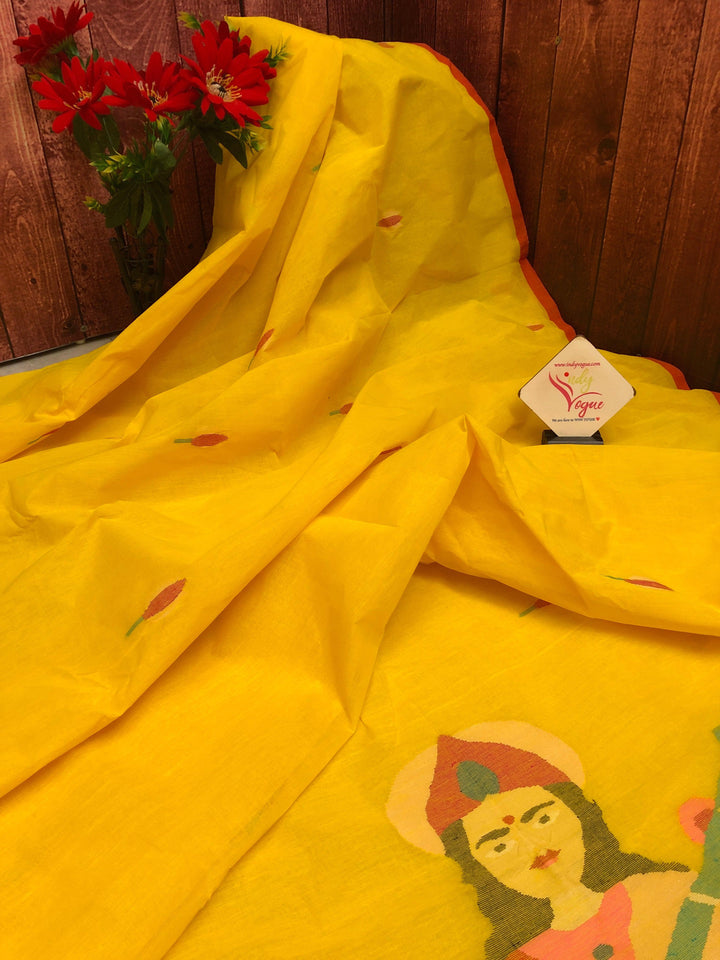 Yellow Color Cotton Handloom Jamdani Saree