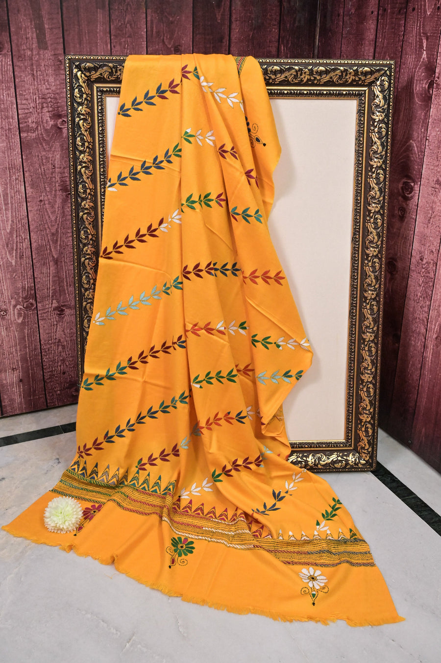 Yellow Color Cottswool Shawl with Allover Hand Kantha Embroidery