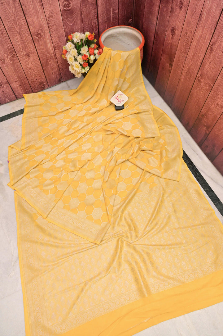 Yellow Color Georgette Banarasi Saree with Silver Zari Work