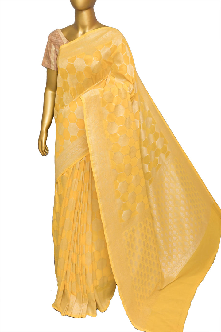 Yellow Color Georgette Banarasi Saree with Silver Zari Work