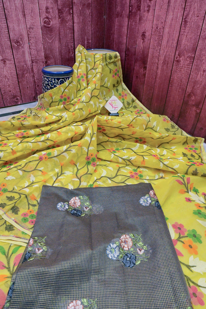 Yellow Color Jamdani Saree with Allover Jaal Work and Tissue Kota Blouse Piece