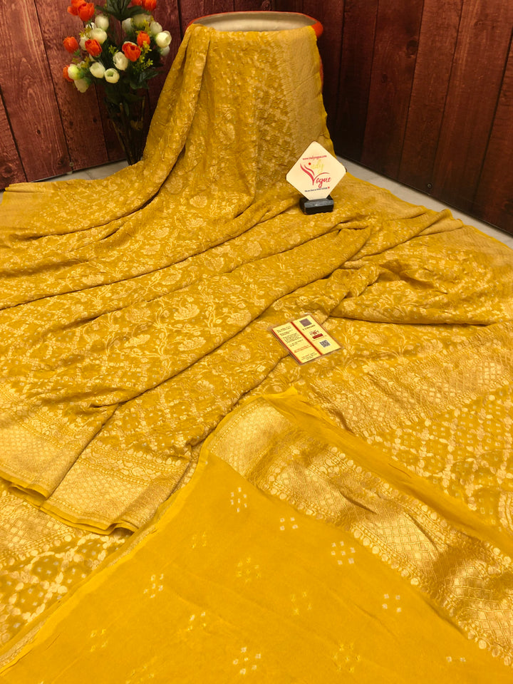 Yellow Color Khaddi Georgette Banarasi Saree with Neem Zari Work and Hand Bandhani