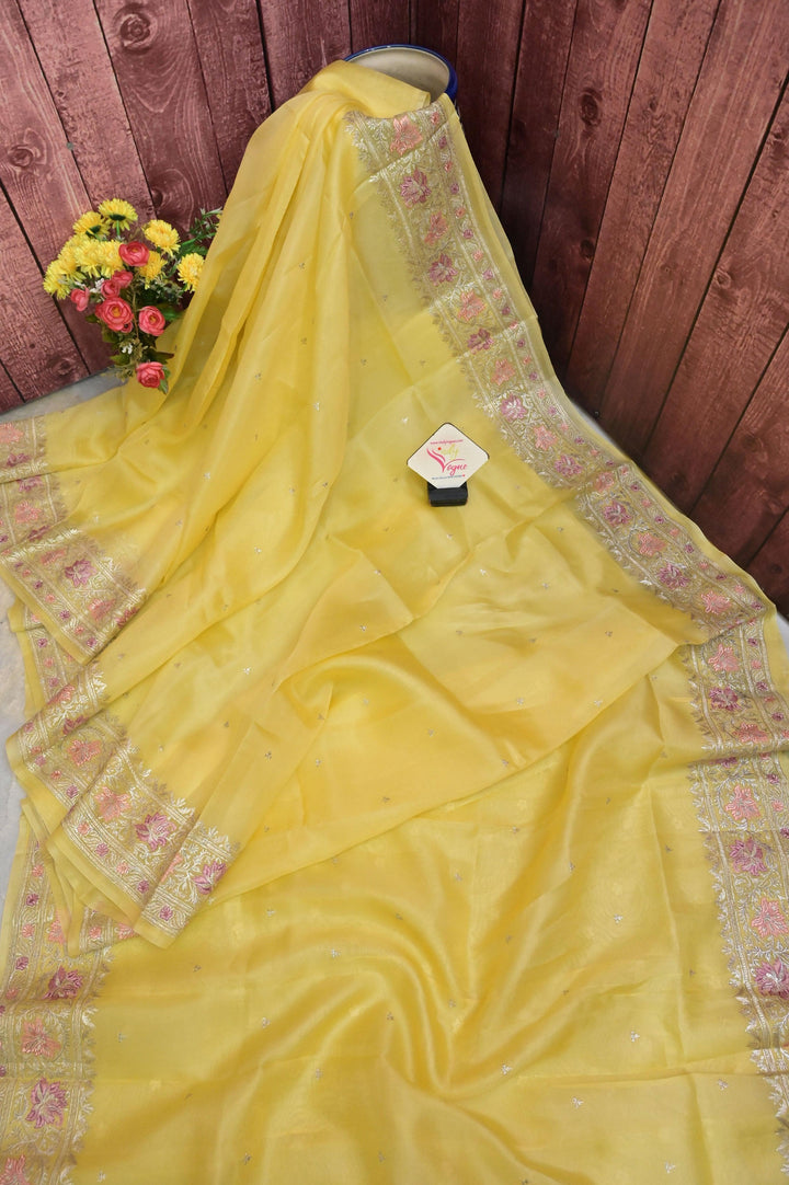 Yellow Color Kora Organza with Silver Zari Meenakari Embroidery and Silver Buti Work