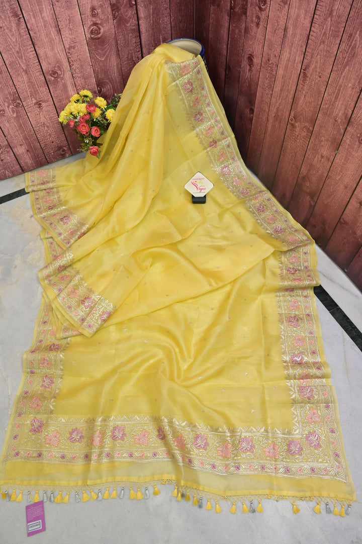 Yellow Color Kora Organza with Silver Zari Meenakari Embroidery and Silver Buti Work