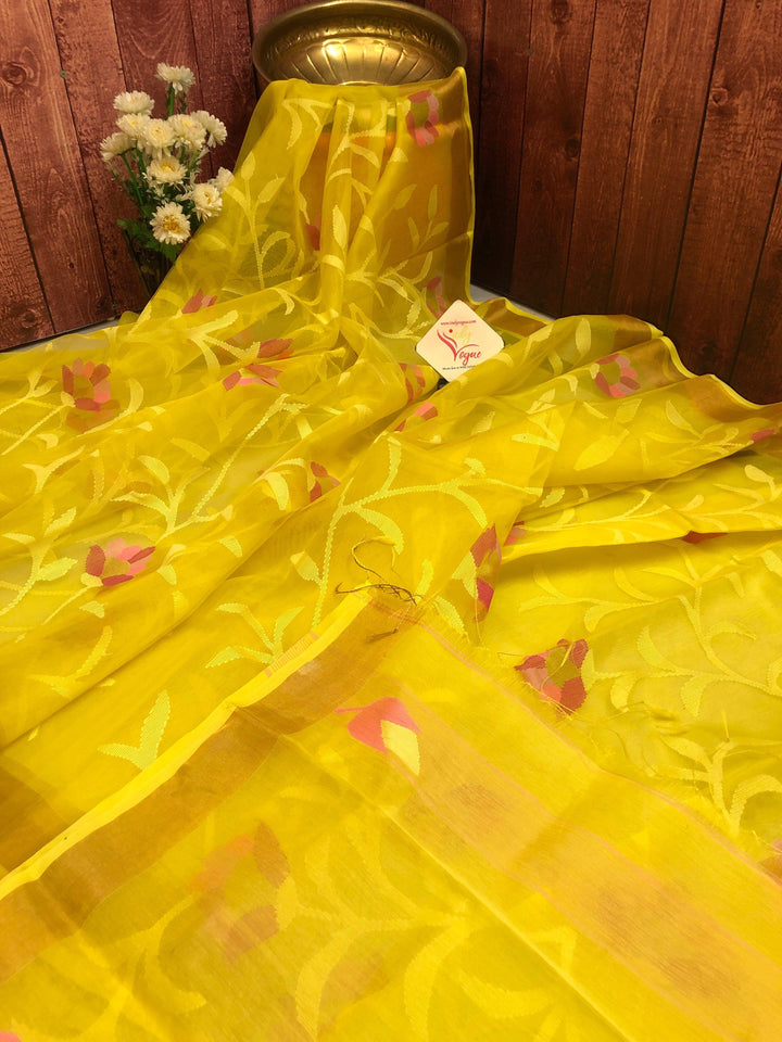 Yellow Color Muslin Saree with Allover Jamdani Weaving