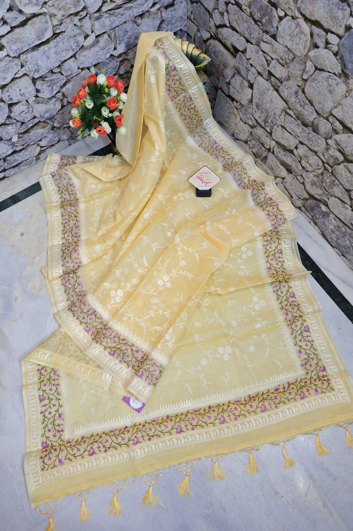 Yellow Color Organza Saree with Floral Machine Embroidery