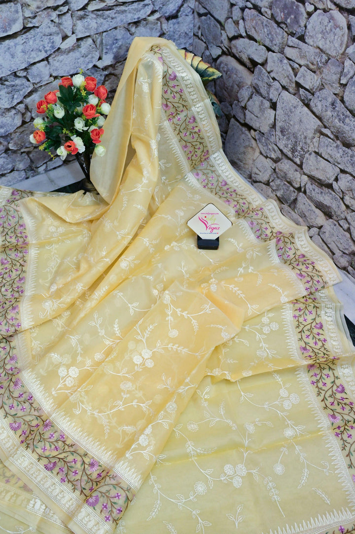 Yellow Color Organza Saree with Floral Machine Embroidery