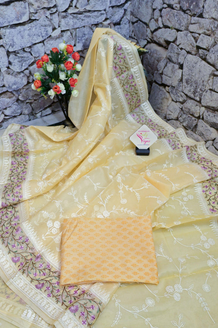 Yellow Color Organza Saree with Floral Machine Embroidery