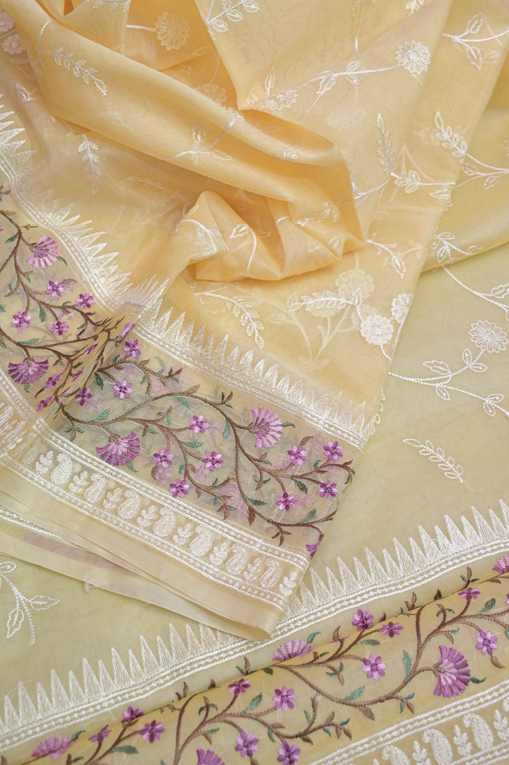 Yellow Color Organza Saree with Floral Machine Embroidery