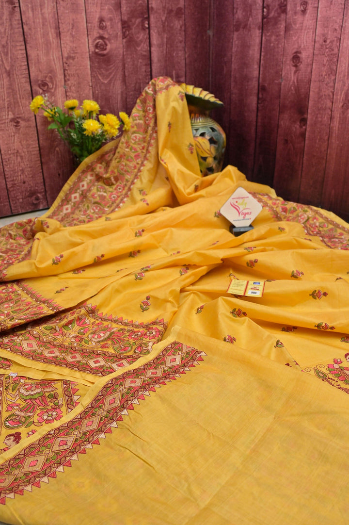 Yellow Color Pure Bangalore Silk Saree with Madhubani Style Embroidery