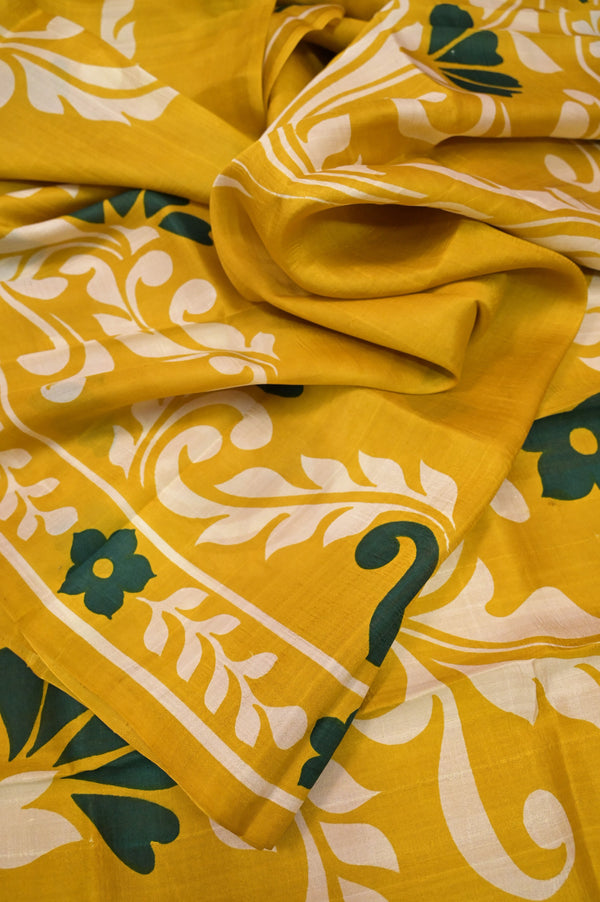 Yellow Color Pure Bishnupur Silk Saree with Hand Block Print Work