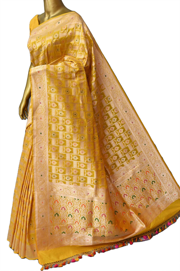 Yellow Color Pure Katan Banarasi Saree with Geometric Motif and Meenakari Work