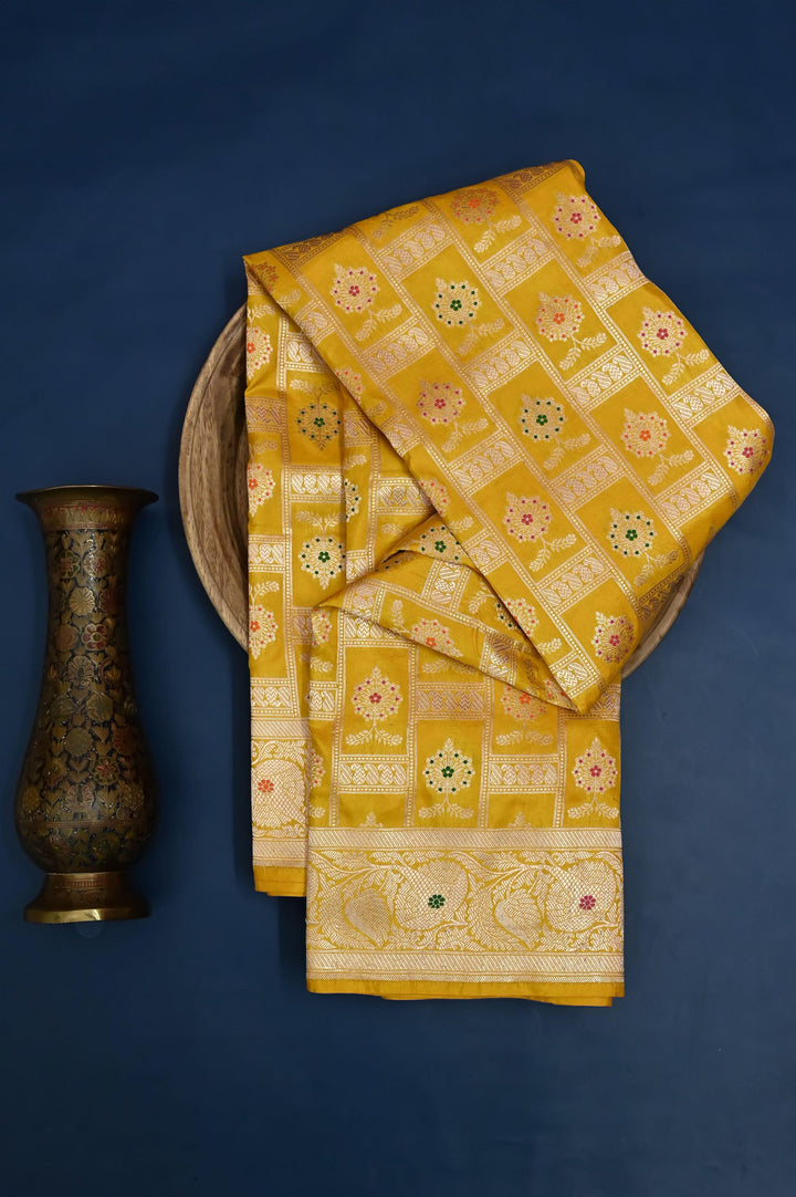 Yellow Color Pure Katan Banarasi Saree with Geometric Motif and Meenakari Work
