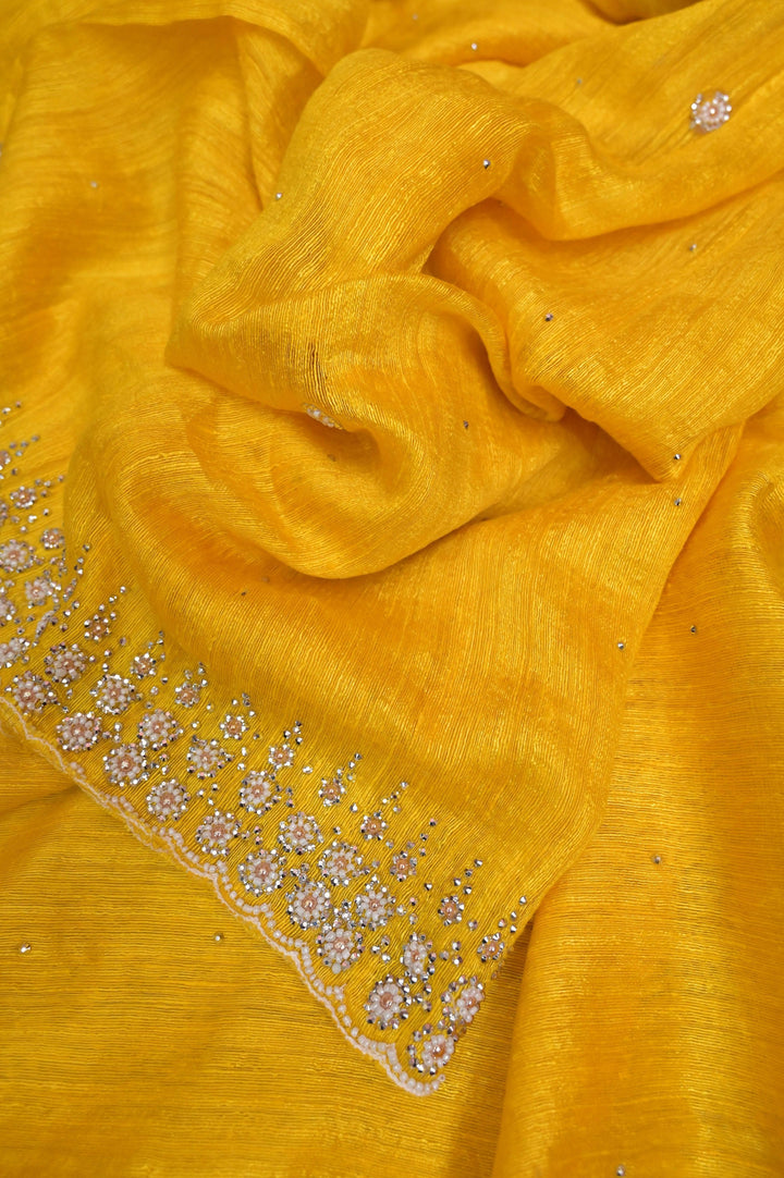 Yellow Color Pure Matka Saree with Hand Stonework and Pearl Work