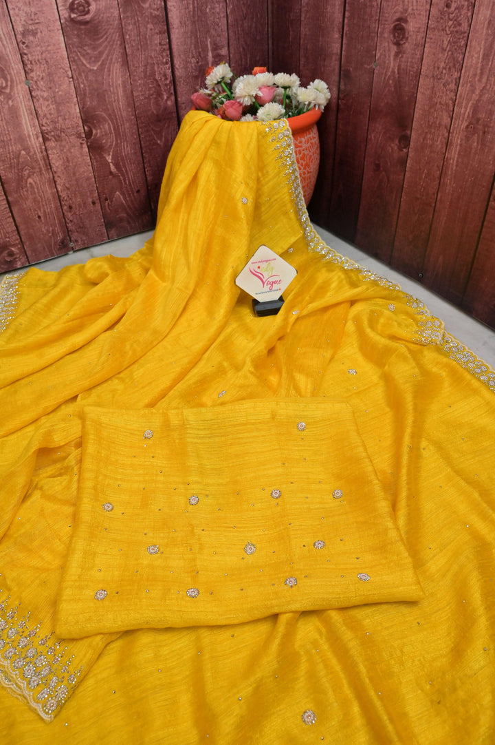 Yellow Color Pure Matka Saree with Hand Stonework and Pearl Work