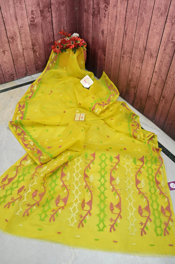 Yellow Color Pure Muslin Saree with Jamdani Weaving