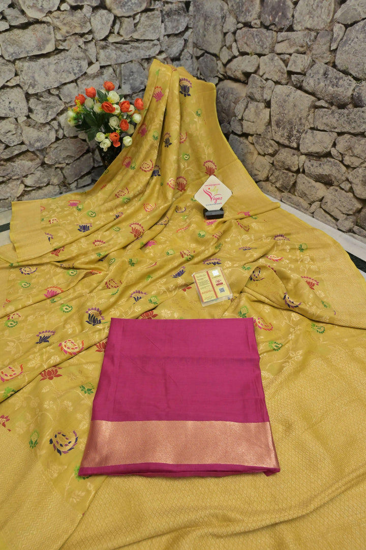 Yellow Color Pure Tussar Georgette Banarasi Saree with Meenakari Work
