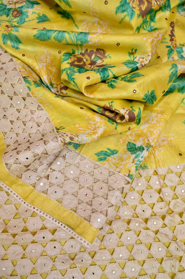 Yellow Color Pure Tussar with Digital Print and Cutwork with Embroidery