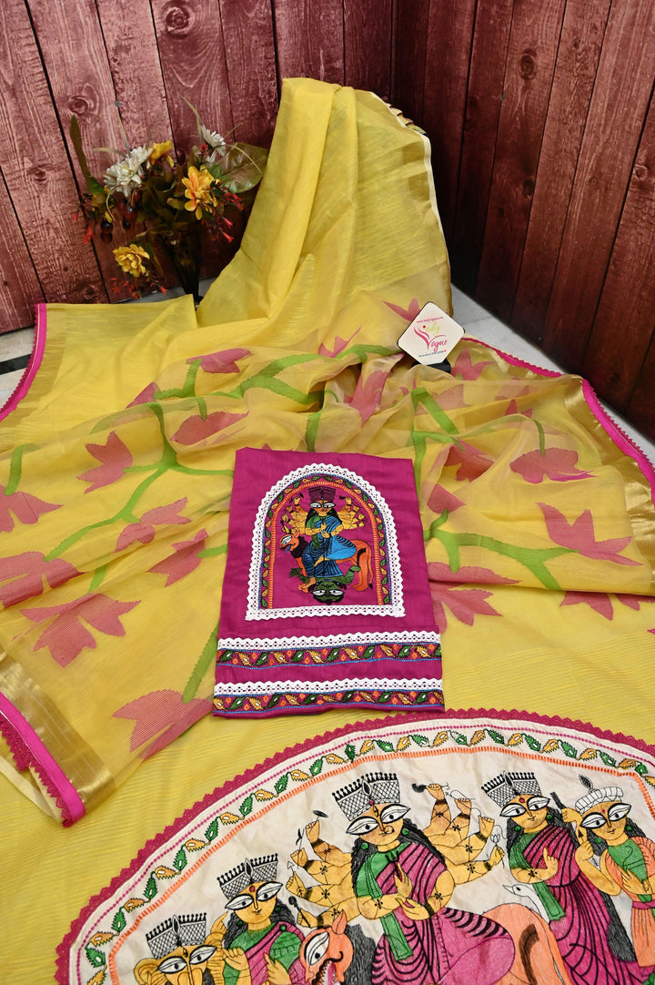 Yellow Color Resham Handloom Saree with Durga Family Applique on the Pallu and Lace Border