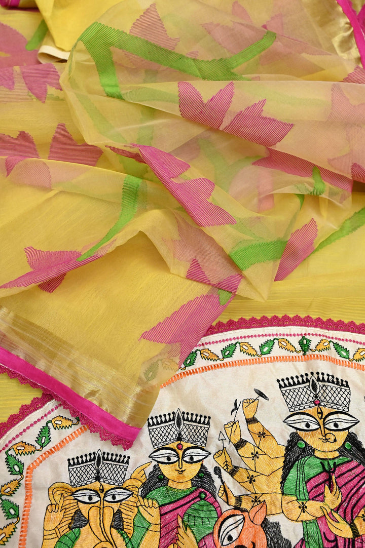 Yellow Color Resham Handloom Saree with Durga Family Applique on the Pallu and Lace Border