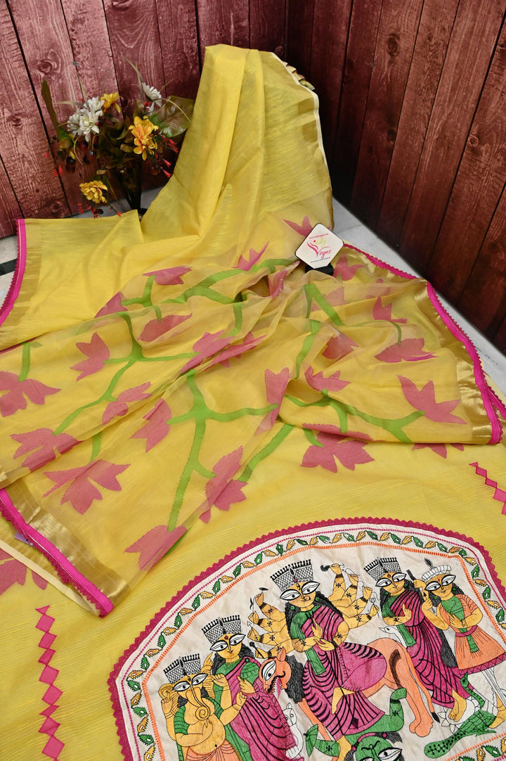 Yellow Color Resham Handloom Saree with Durga Family Applique on the Pallu and Lace Border