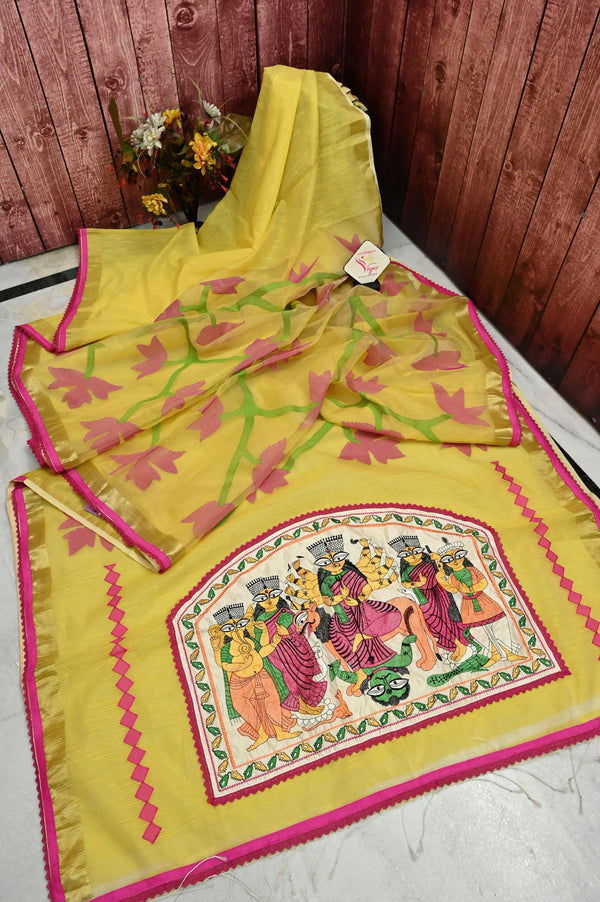 Yellow Color Resham Handloom Saree with Durga Family Applique on the Pallu and Lace Border