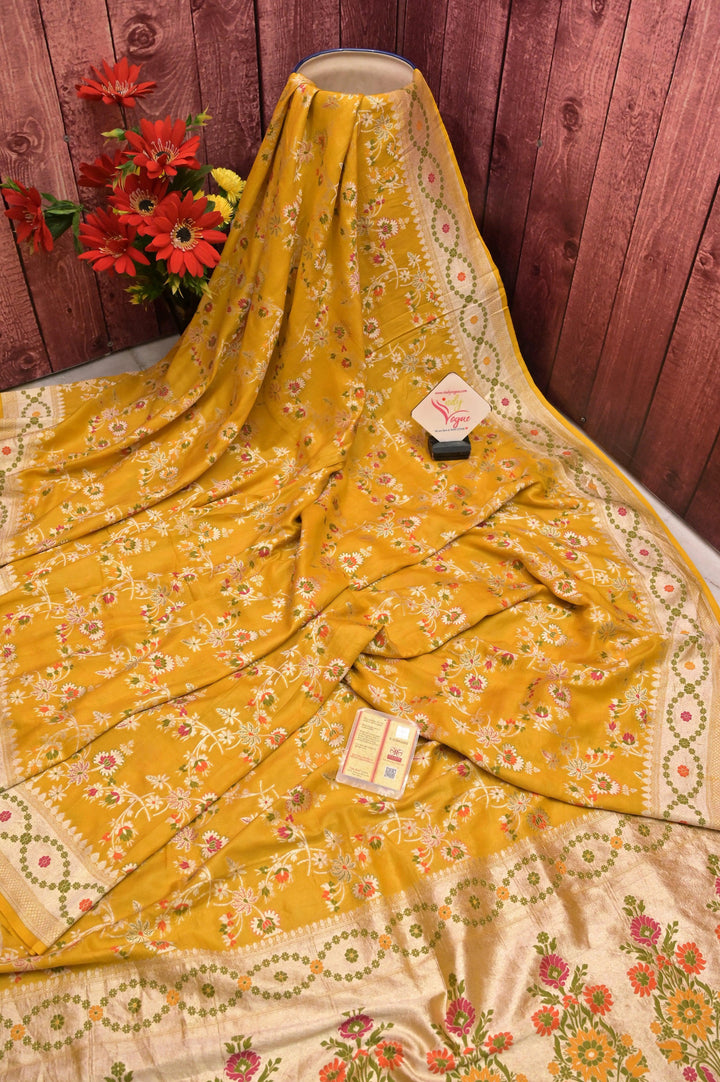 Yellow Color Tussar Georgette Banarasi Saree with Allover Jaal Meenakari Work