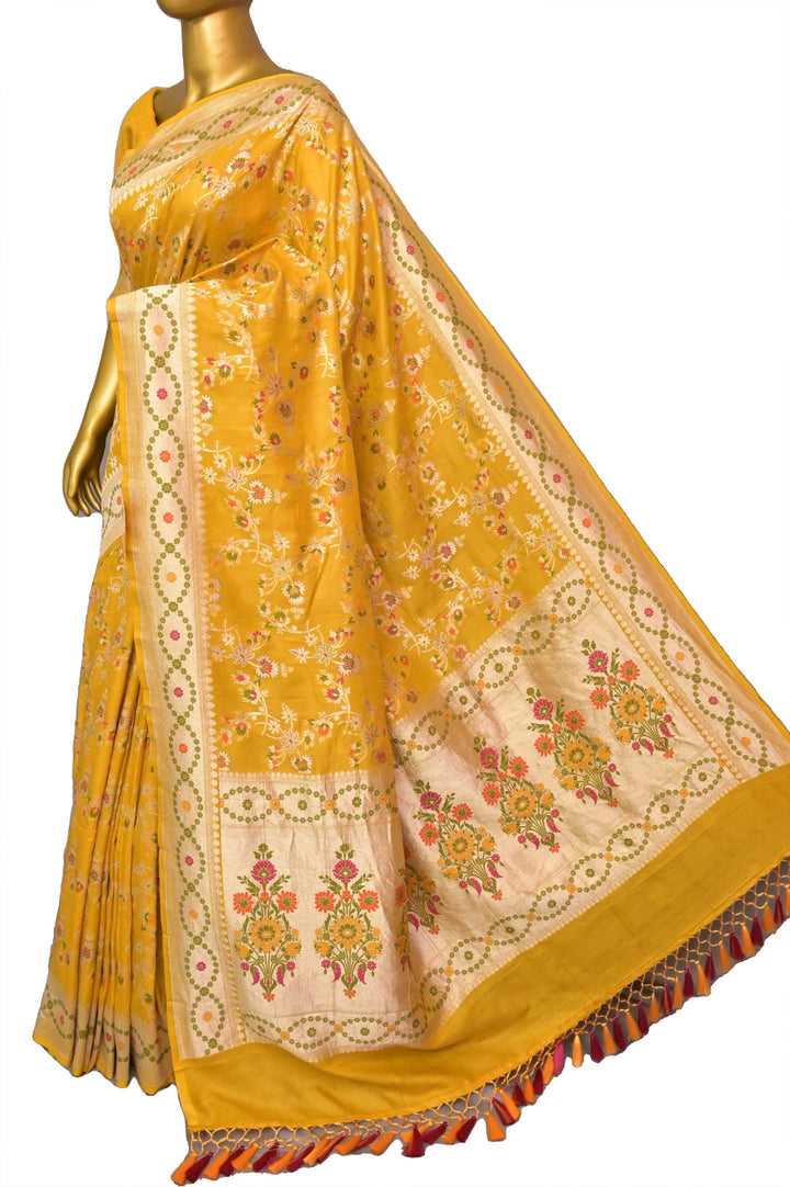 Yellow Color Tussar Georgette Banarasi Saree with Allover Jaal Meenakari Work