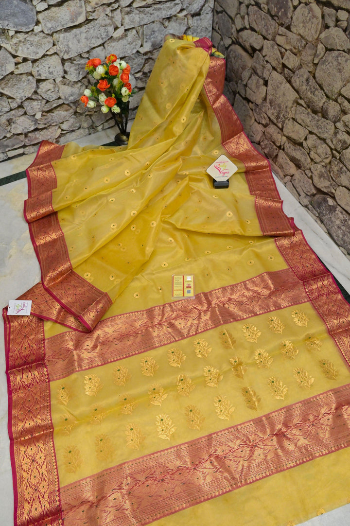 Yellow Golden Color Pure Tissue Chanderi Banarasi Saree with Meenakari