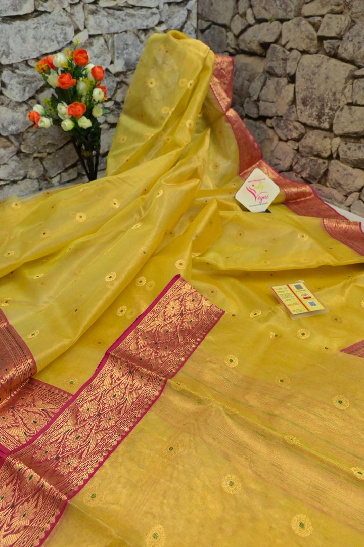 Yellow Golden Color Pure Tissue Chanderi Banarasi Saree with Meenakari