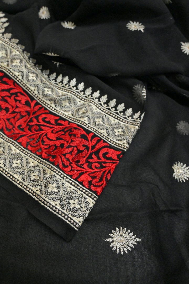 Zeus Black Color Georgette Saree with Allover Embroidery and Butta